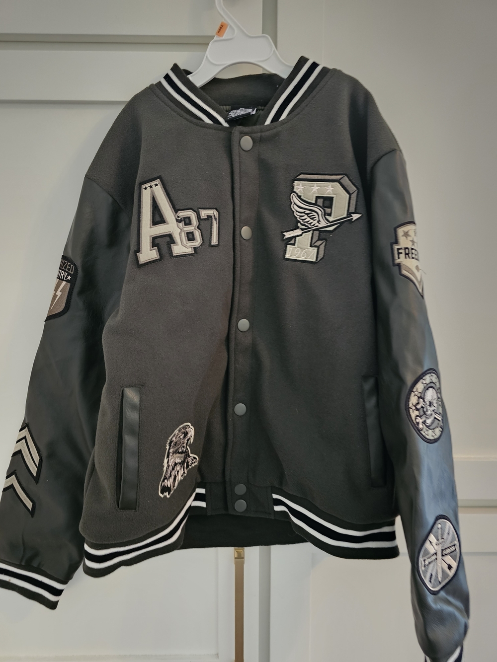 Ring of Fire Black and Gray Varsity Bomber Jacket with Patches